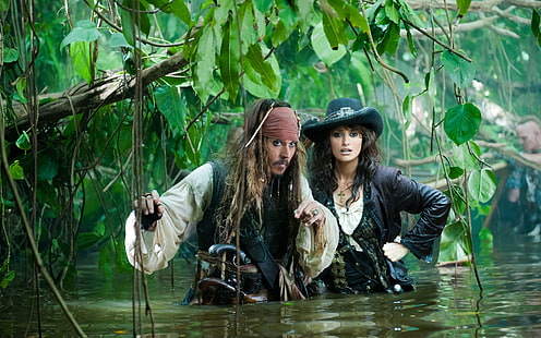 Jack Sparrow and Angelica, jack sparrow and elizabeth swann of pirates of the carribean, pirates, stranger tides, pirates of the caribbean, HD wallpaper HD wallpaper