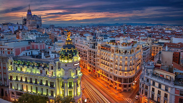miasto, pejzaż miejski, gran vía, obszar miejski, punkt orientacyjny, Hiszpania, niebo, panorama, wieczór, zmierzch, plac, śródmieście, wieżowiec, atrakcja turystyczna, Madryt, Tapety HD