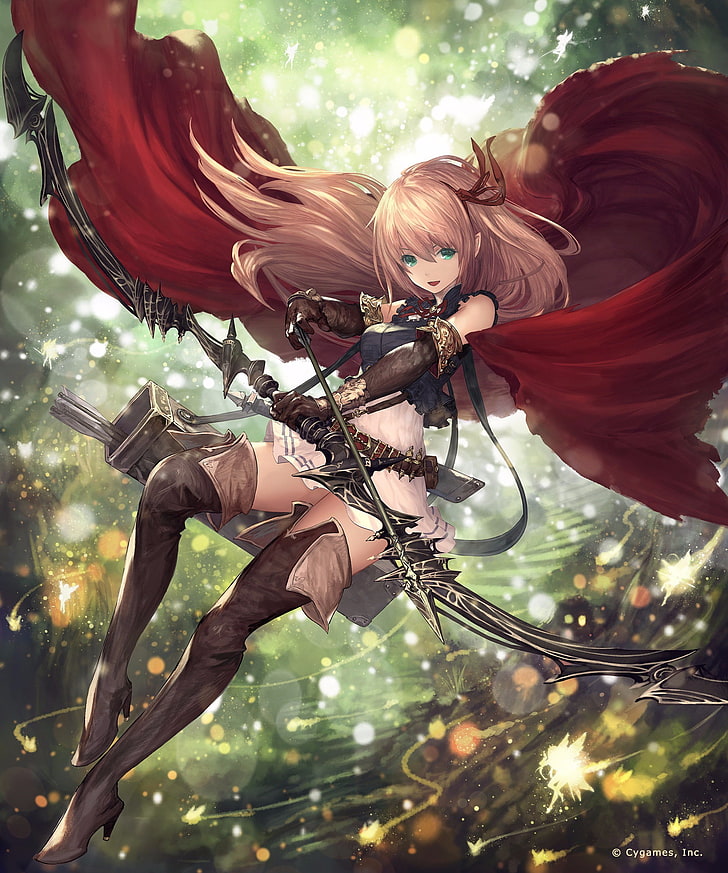 pink-haired female with bow illustration, anime, anime girls, Shadowverse, Arisa (Shadowverse), dress, weapon, bow, long hair, blonde, green eyes, elves, armor, HD wallpaper