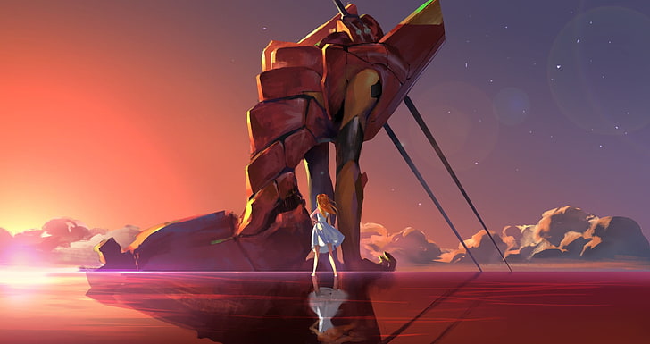 Frau steht in der Nähe Roboter, Neon Genesis Evangelion, Asuka Langley Soryu, EVA-Einheit 02, Wasser, Reflexion, Wolken, Sterne, Anime, HD-Hintergrundbild