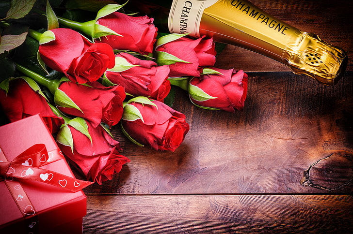red roses, roses, love, rose, champagne, heart, romantic, Valentine's Day, HD wallpaper