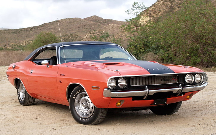 classic orange and black sports coupe, background, Dodge, Challenger, 1970, the front, Muscle car, R/T, Chelenzher, HD wallpaper