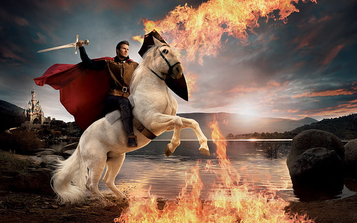 man riding horse illustration, david beckham, prince, cape, sword, flame, fire, castle, knight, HD wallpaper