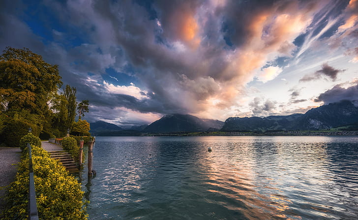the sky, clouds, trees, mountains, lake, the evening, Switzerland, ladder, promenade, the bushes, Lake Thun, HD wallpaper