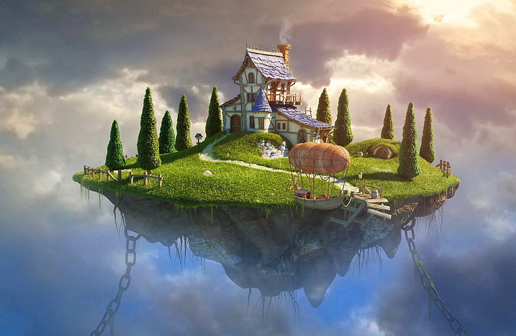 house, clouds, chains, trees, digital art, Zeppelin, floating island, rock, fantasy art, HD wallpaper