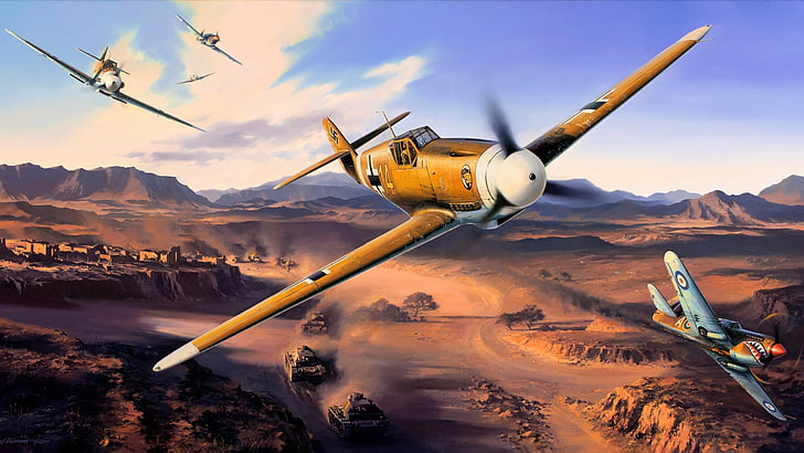 илюстрация на моноплан, Messerschmitt, Messerschmitt Bf-109, Втората световна война, Германия, военни, самолети, военни самолети, Luftwaffe, самолет, p40, Curtiss P-40 Warhawk, HD тапет