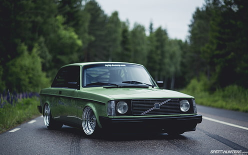 green Volvo coupe, car, Volvo, road, trees, Stance, Volvo 240, BBS, green, HD wallpaper HD wallpaper