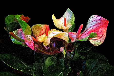 예술, 그림, 칼라 릴리, 꽃, 잎, 오일 페인팅, HD 배경 화면 HD wallpaper