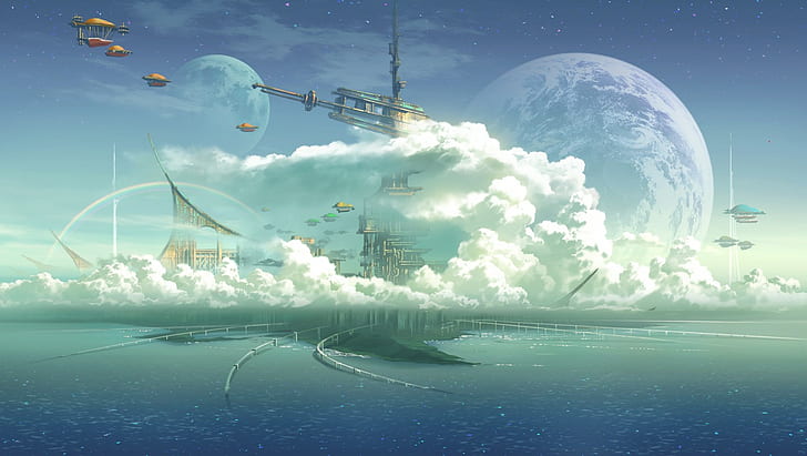 Fantasiekunst, Planet, Anime, Wolken, futuristische Stadt, Himmel, HD-Hintergrundbild