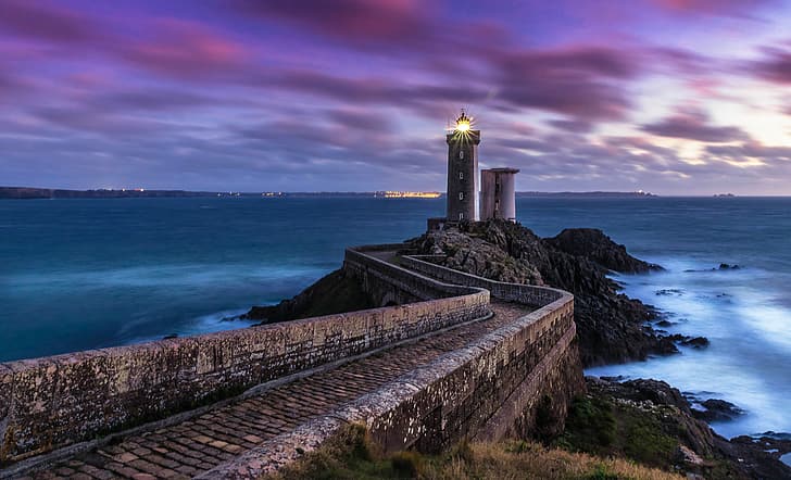 road, sea, light, landscape, stones, shore, France, lighthouse, the evening, Brittany, Phare du Petit Minou, HD wallpaper