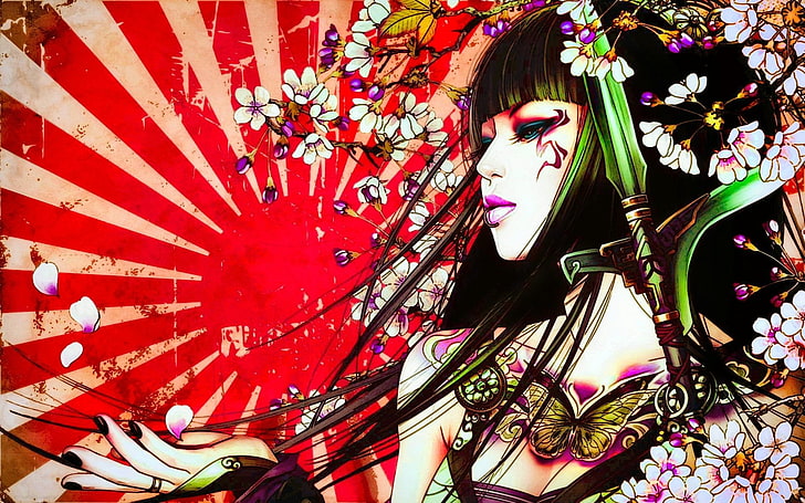woman in black top painting, Fantasy, Geisha, Artistic, Asian, Colorful, Japan, Oriental, Petal, Sun, Tattoo, HD wallpaper