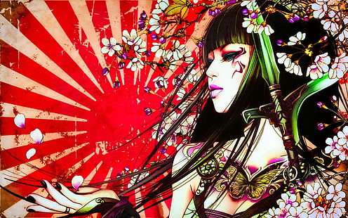 woman in black top painting, Fantasy, Geisha, Artistic, Asian, Colorful, Japan, Oriental, Petal, Sun, Tattoo, HD wallpaper HD wallpaper