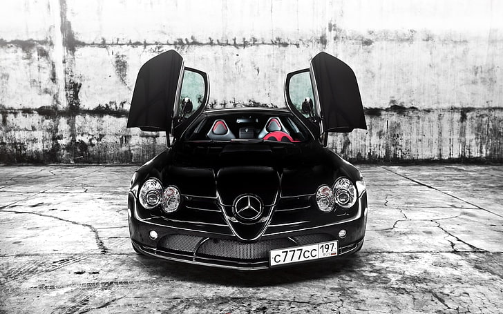 black Mercedes-Benz SLR, mercedes, slr, mclaren, black, front view, doors, HD wallpaper