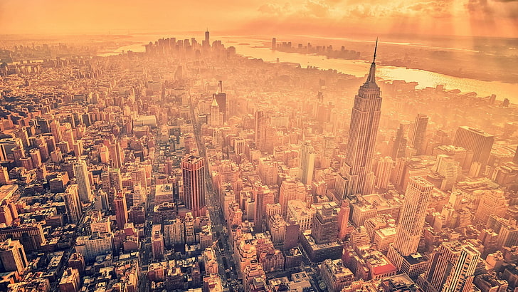 аэрофотосъемка городских зданий, фотография, манипуляции с фотографиями, Нью-Йорк, городской пейзаж, Эмпайр Стейт Билдинг, Манхэттен, с высоты птичьего полета, США, HD обои