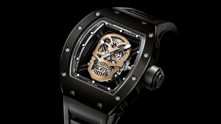Künstlich hergestellt, Uhr, Schwarz, Richard Mille, Schädel, Armbanduhr, HD-Hintergrundbild