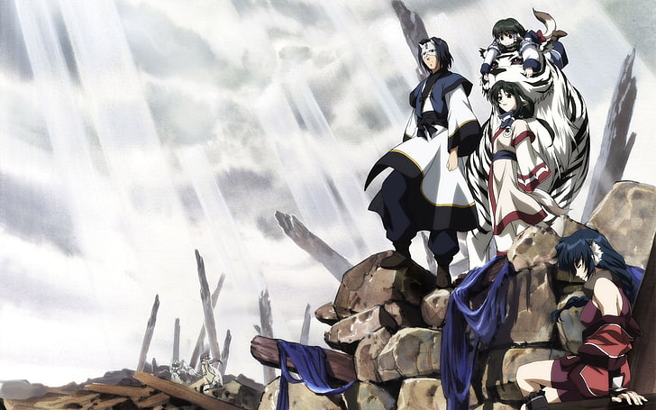 cuatro personas de pie sobre ruinas, anime, Utawarerumono, Fondo de pantalla HD