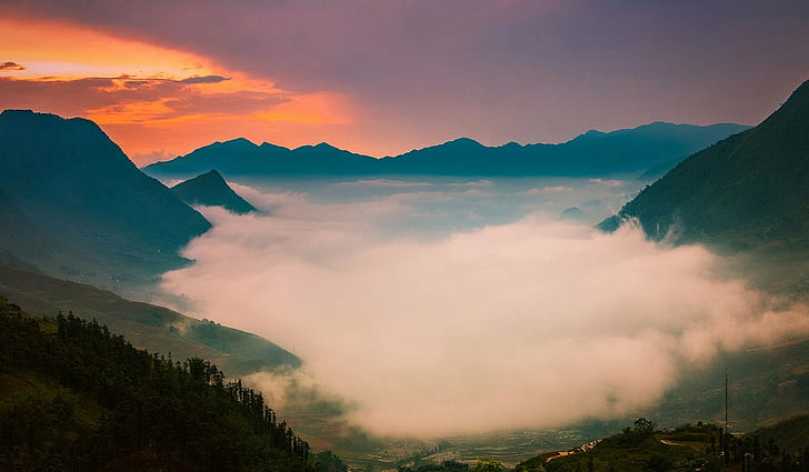 фотография, пейзаж, природа, мъгла, долина, планини, дървета, розово, небе, HD тапет