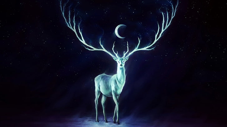 green reindeer wallpaper, artwork, crescent moon, painting, deer, antlers, stags, fantasy art, animals, cyan, violet, HD wallpaper