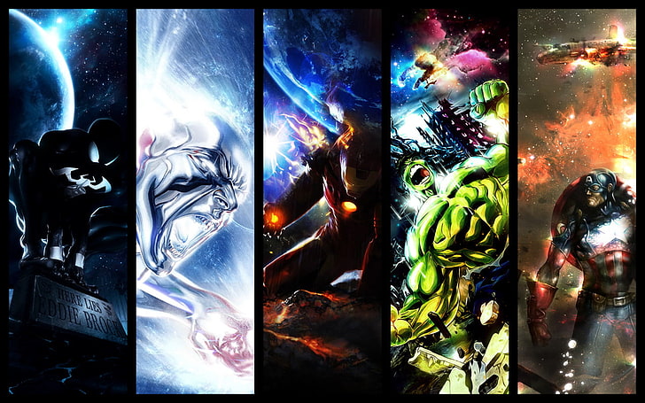 Papel de parede de Marvel Superheroes, Os Vingadores, Vingadores, Capitã América, Hulk, Homem de Ferro, Surfista Prateado, Homem-Aranha, HD papel de parede