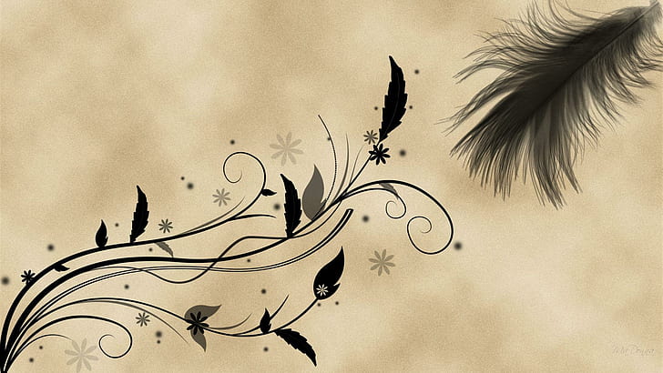 Feather Flora, black flower painting, abstract, vines, feather, leaves, widescreen, flowers, parchment, 3d and abstract, HD wallpaper