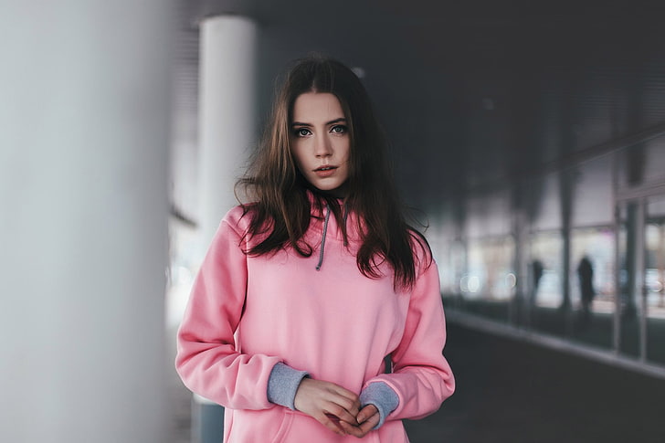 wanita, Ksenia Kokoreva, pink, rambut panjang, potret, blus, pakaian pink, Wallpaper HD