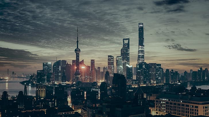 city, landscape, building, skyscraper, night, lights, clouds, sky, river, Shanghai, China, cityscape, HD wallpaper