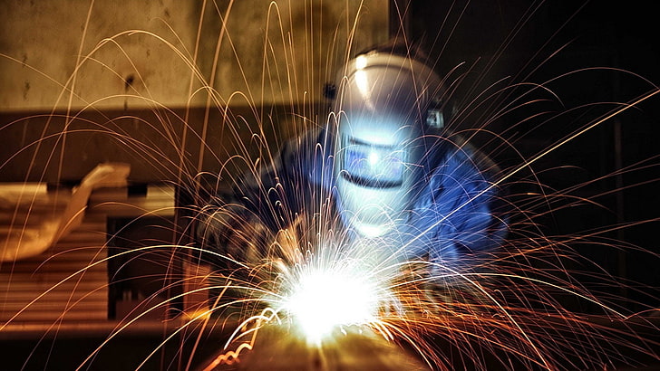 men, workers, welding, sparks, long exposure, industrial, helmet, depth of field, metal, HD wallpaper