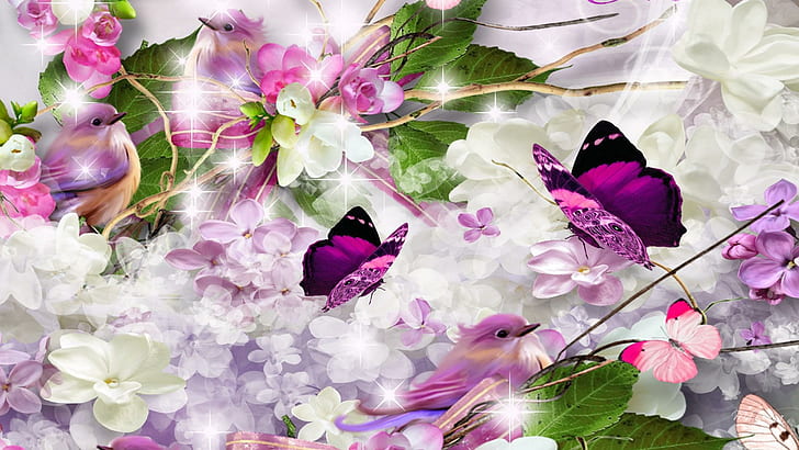 Bzy Lilac Bird, ilustracja fioletowy i czarny motyl, brokat, frangipani, papillon, plumeria, ptak, motyl, kwiaty, liliowy, motyle, blichtr, gwiazdy, Tapety HD