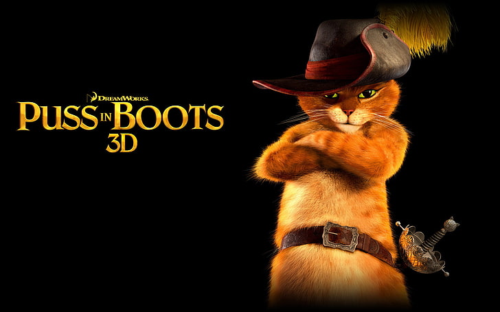Puss in Boots 3D цифров тапет, котка, поглед, коте, анимационен филм, шапка, пера, колан, черен фон, каишка, меч, котенце в ботуши, HD тапет