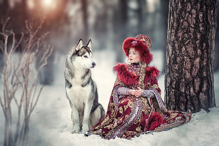 hewan, anjing, wanita, Malamute Alaska, pakaian tradisional, pirang, kepang, musim dingin, wanita di luar ruangan, serigala, Wallpaper HD