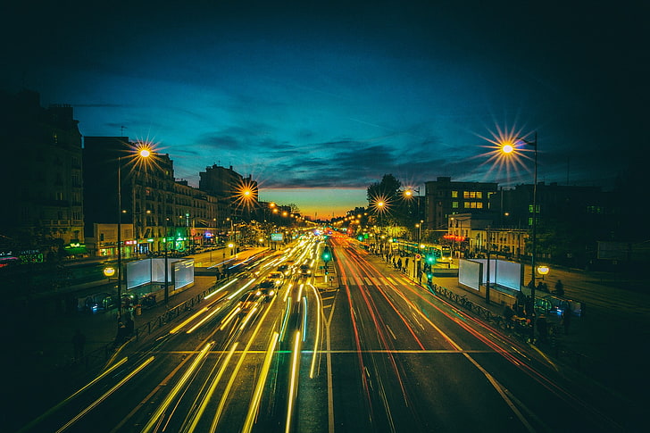 ในเมือง, การเปิดรับแสงเป็นเวลานาน, ถนน, ปารีส, การจราจร, สัญญาณ, วอลล์เปเปอร์ HD