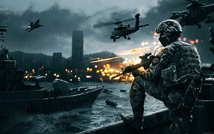 Soldat in Battlefield 4, Soldat mit Gewehrspiel, Schlachtfeld, Soldat, Spiel, Krieg, Feuer, Nacht, HD-Hintergrundbild