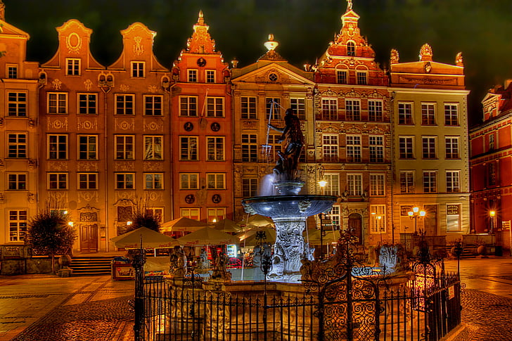 buildings, cities, fountains, gdansk, houses, night, poland, HD wallpaper