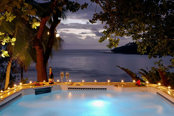 Sunset Jacuzzi Fiji, flûte à champagne en verre transparent, bougies, île, vue, tropical, bain, bougies, jacuzzi, Fidji, coucher de soleil, Pacifique Sud, océan, paradis, Fond d'écran HD