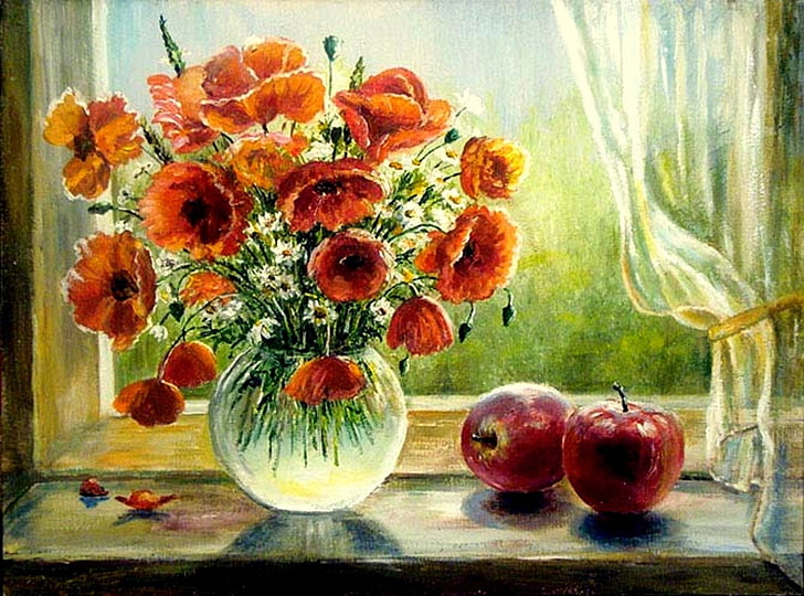Artistic, Painting, Apple, Flower, Orange Flower, Still Life, HD wallpaper