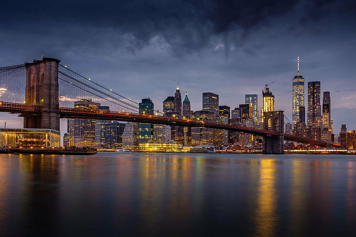 фотография на черен бетонен мост и градска сграда през нощта, Downtown Manhattan, фотография, черно, бетон, градска сграда, нощно време, Бруклински мост, Ню Йорк, мостов град, градска светлина, светла нощ, градска, пейзаж, WOW, Ню Йорк Град, САЩ, градски Skyline, Манхатън - Ню Йорк, градски пейзаж, Бруклин - Ню Йорк, небостъргач, Източна река, известно място, квартал в центъра, Долен Манхатън, нощ, река, Ню Йорк, градска сцена, град, архитектура, мост - Създадена от човека структура, река Хъдсън, HD тапет