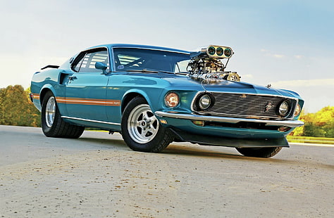 blue Ford Mustang coupe, 1969, ford, pro street, mustang, HD wallpaper HD wallpaper