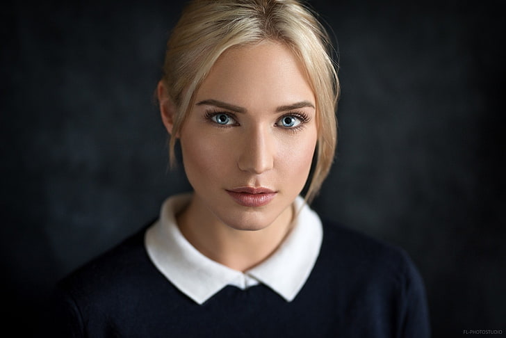 women, blonde, face, portrait, simple background, blu eyes, Eva Mikulski, HD wallpaper