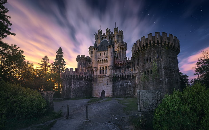 stars, clouds, light, night, castle, Spain, Biscay, HD wallpaper
