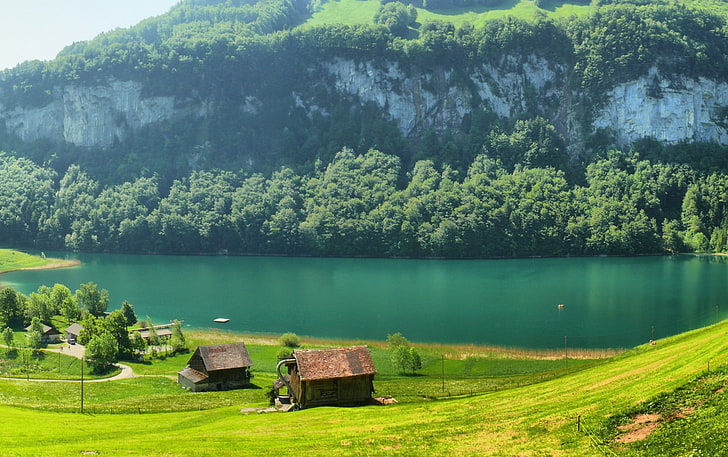 茶色の木造住宅、風景、スイス、自然、山、 HDデスクトップの壁紙