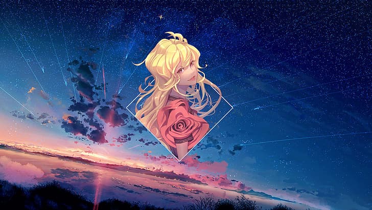 anime, anime girls, rose, stars, anime landscape, Photoshop, digital art, picture-in-picture, piture in picture, HD wallpaper