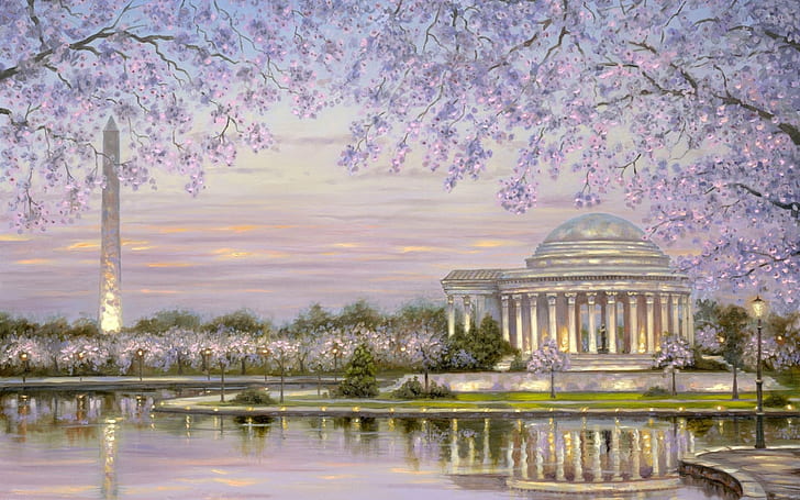 painting, building, river, spring, blossom, Robert Finale, HD wallpaper