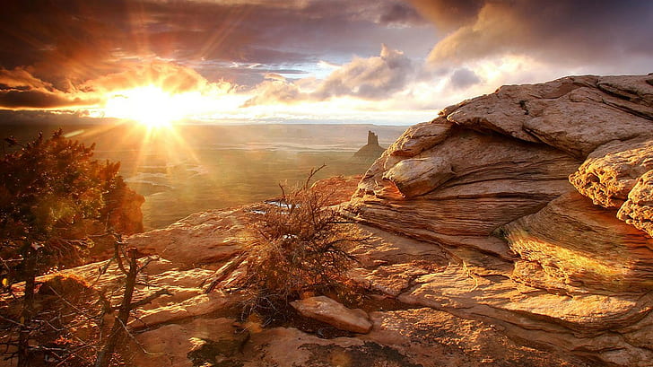 paisaje, roca, rayos de sol, naturaleza, cielo, nubes, luz solar, Fondo de pantalla HD