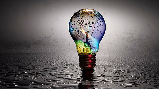 water, light bulb, bulb, waterdrop, drops, drop, energy, colors, HD wallpaper HD wallpaper
