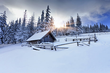 8k, montaña, 4k, 5k, abetos, bosque de invierno, pueblo, nieve, casa, sol, Fondo de pantalla HD HD wallpaper