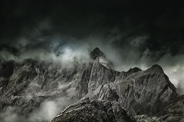 papel de parede de montanha, montanhas, nevoeiro, cume, HD papel de parede