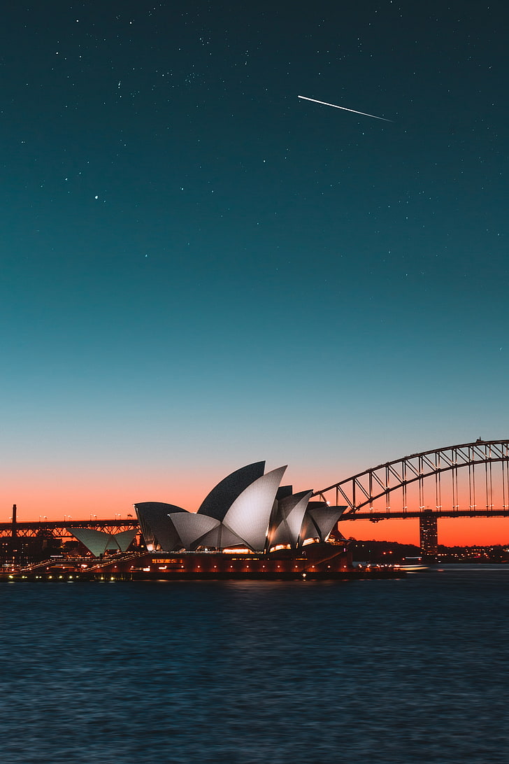 Opera w Sydney, Australia, opera w Sydney, miasto nocą, port, most, Sydney, Australia, Tapety HD, tapety na telefon