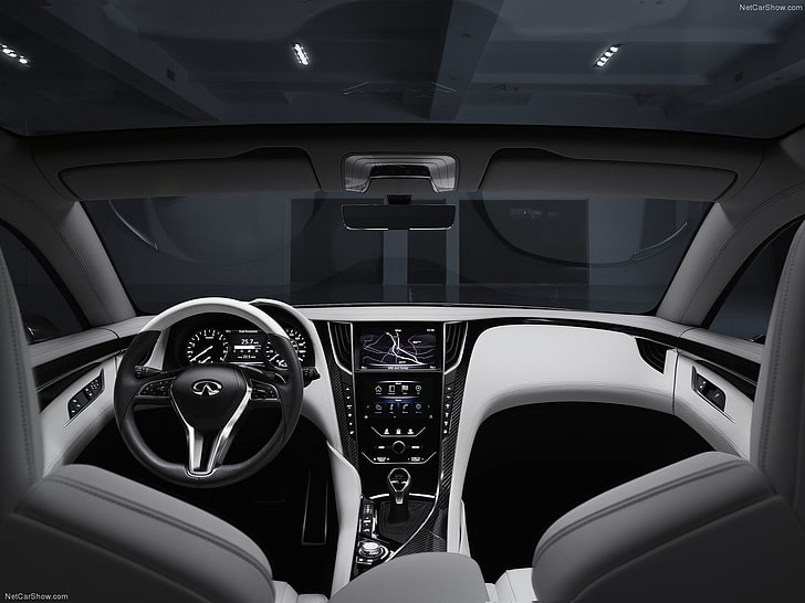 black and gray Infiniti vehicle interior, Infiniti, 2015 Infiniti Q60 Coupe, twin-turbo, concept cars, race cars, silver, vehicle interiors, HD wallpaper