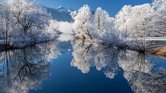 природа, пейзаж, дървета, река, сняг, планини, трева, река Loisach, Бавария, Германия, HD тапет HD wallpaper