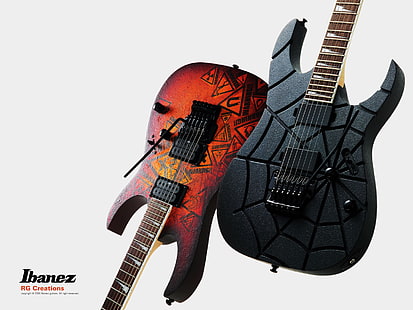 deux guitares de style Ibanez Stratocaster noires et rouges, musique, guitare, rock, Fond d'écran HD HD wallpaper